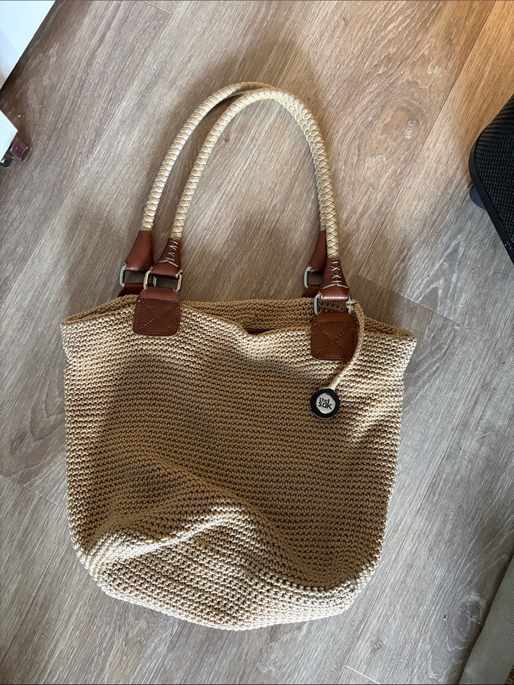 The Sak Beige Crochet Tote with Brown Trim and Handles